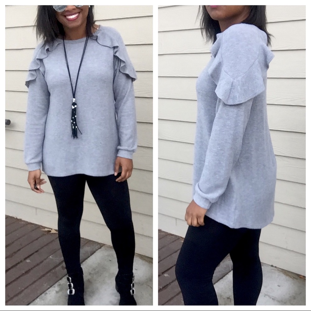 Gray Ruffle Shoulder Soft Sweatshirt Sweater Top - Picture 2 of 5